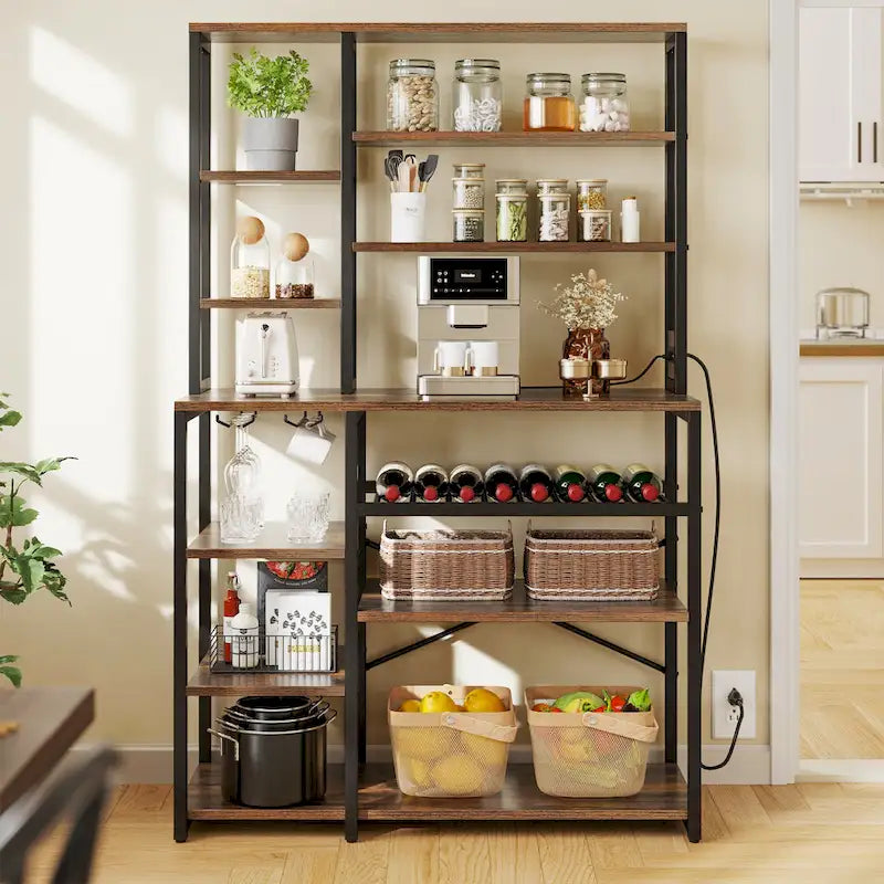 Étagère de cuisine industrielle pour boulangerie avec prises de courant Rangement pour vin Marron rustique