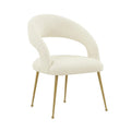 Chaise de salle à manger avec dossier ouvert, revêtement en bouclette, pieds en métal, style milieu de siècle