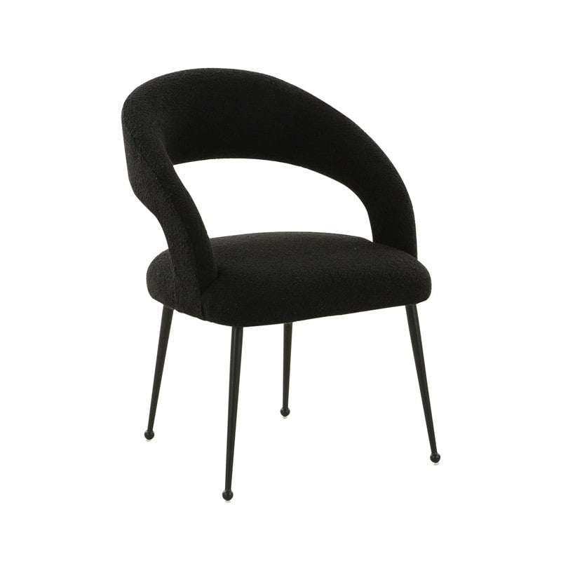 Chaise de salle à manger avec dossier ouvert, revêtement en bouclette, pieds en métal, style milieu de siècle