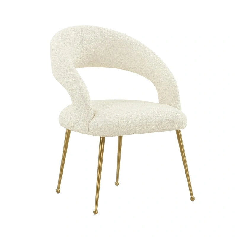 Chaise de salle à manger avec dossier ouvert, revêtement en bouclette, pieds en métal, style milieu de siècle