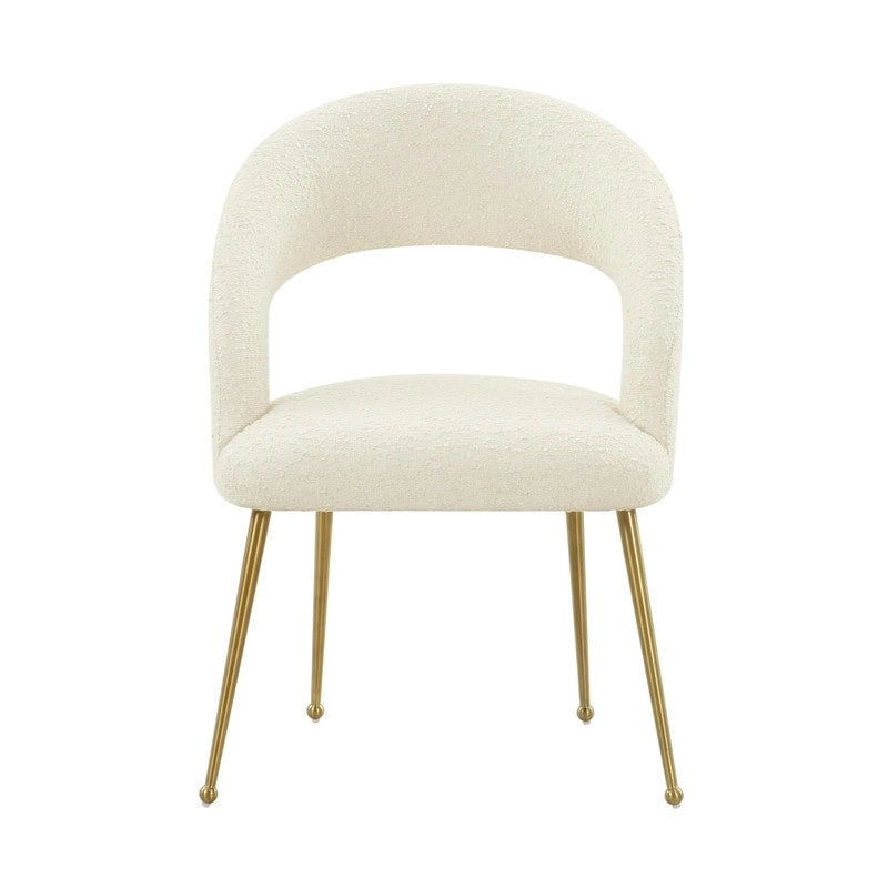Chaise de salle à manger avec dossier ouvert, revêtement en bouclette, pieds en métal, style milieu de siècle