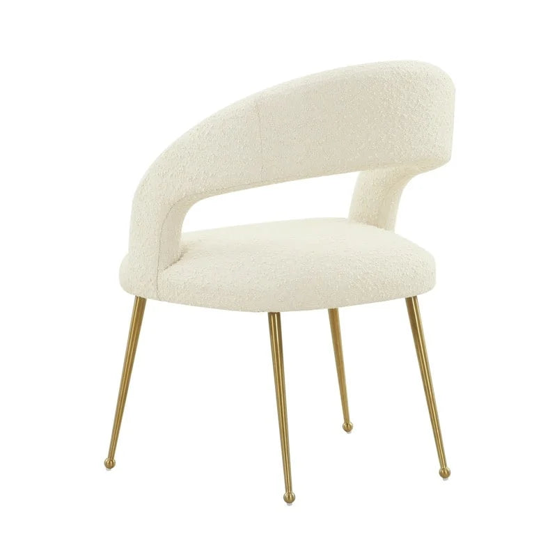 Chaise de salle à manger avec dossier ouvert, revêtement en bouclette, pieds en métal, style milieu de siècle