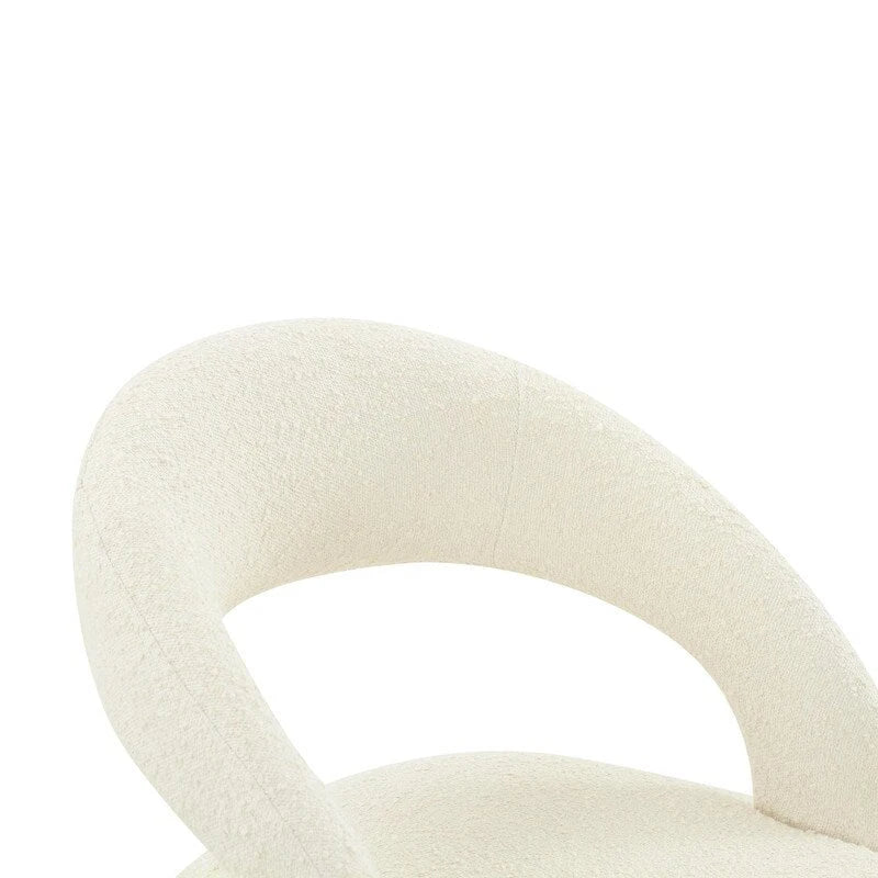 Chaise de salle à manger avec dossier ouvert, revêtement en bouclette, pieds en métal, style milieu de siècle