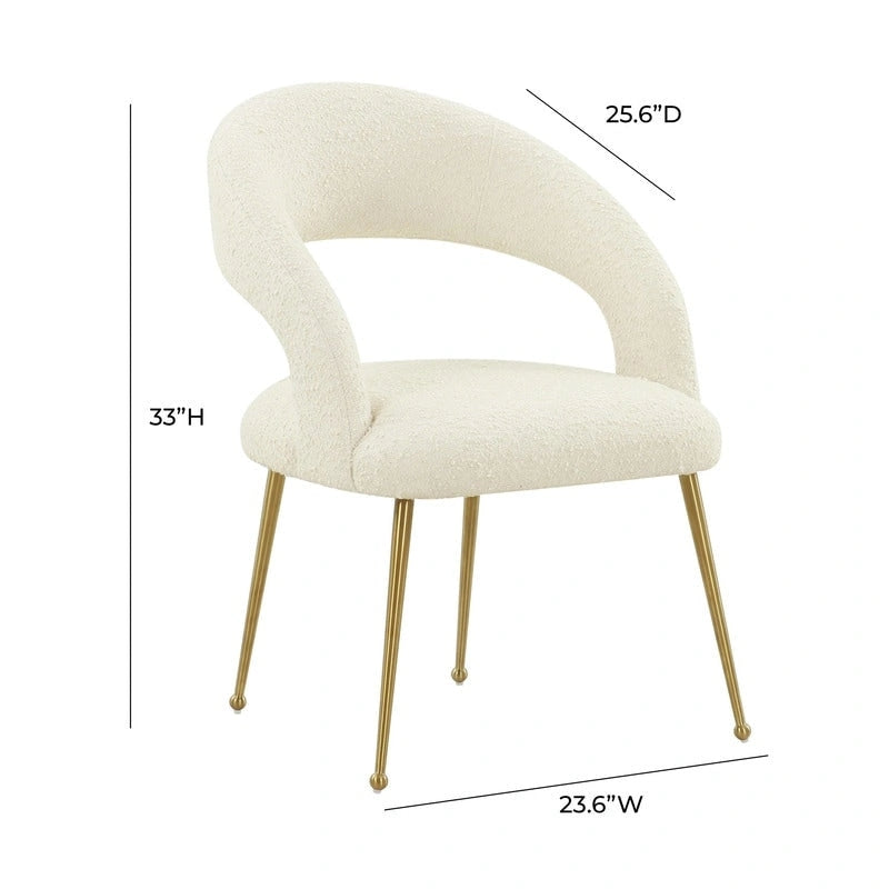 Chaise de salle à manger avec dossier ouvert, revêtement en bouclette, pieds en métal, style milieu de siècle