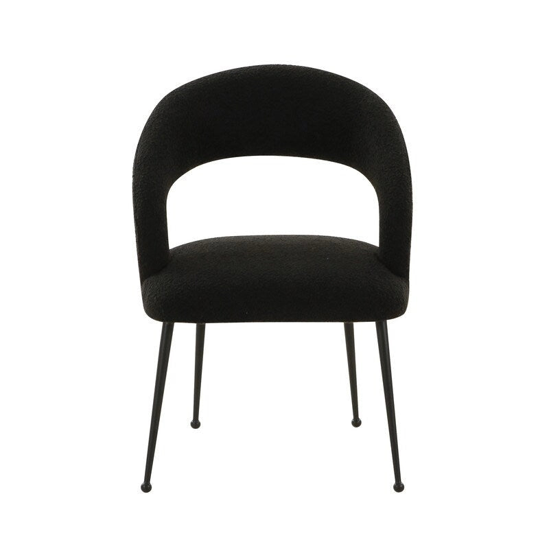Chaise de salle à manger avec dossier ouvert, revêtement en bouclette, pieds en métal, style milieu de siècle