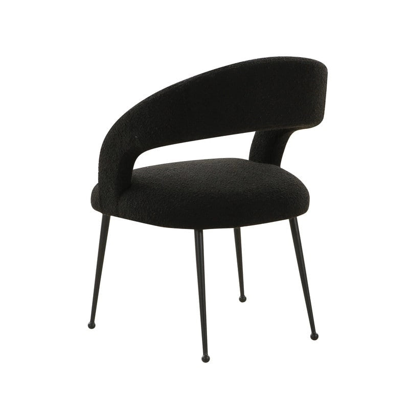 Chaise de salle à manger avec dossier ouvert, revêtement en bouclette, pieds en métal, style milieu de siècle