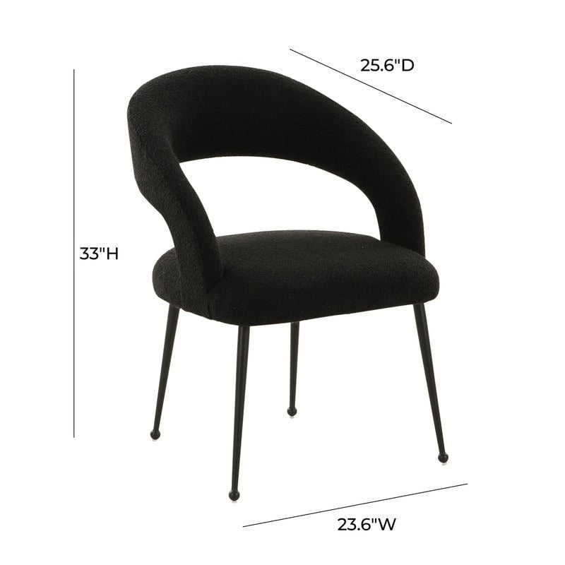 Chaise de salle à manger avec dossier ouvert, revêtement en bouclette, pieds en métal, style milieu de siècle