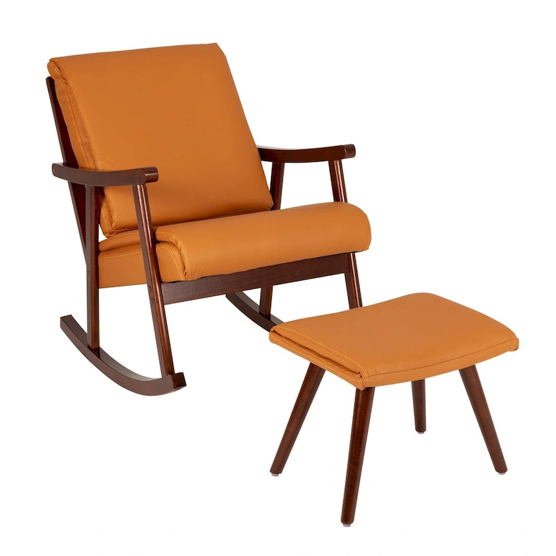 Fauteuil à bascule Mid-Century avec coussin rembourré en tissu orange et cadre en bois