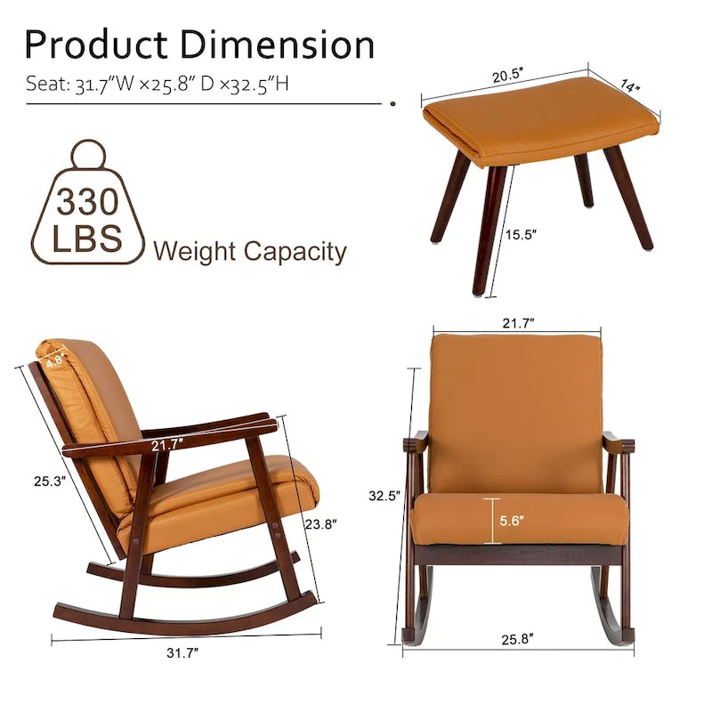 Fauteuil à bascule Mid-Century avec coussin rembourré en tissu orange et cadre en bois