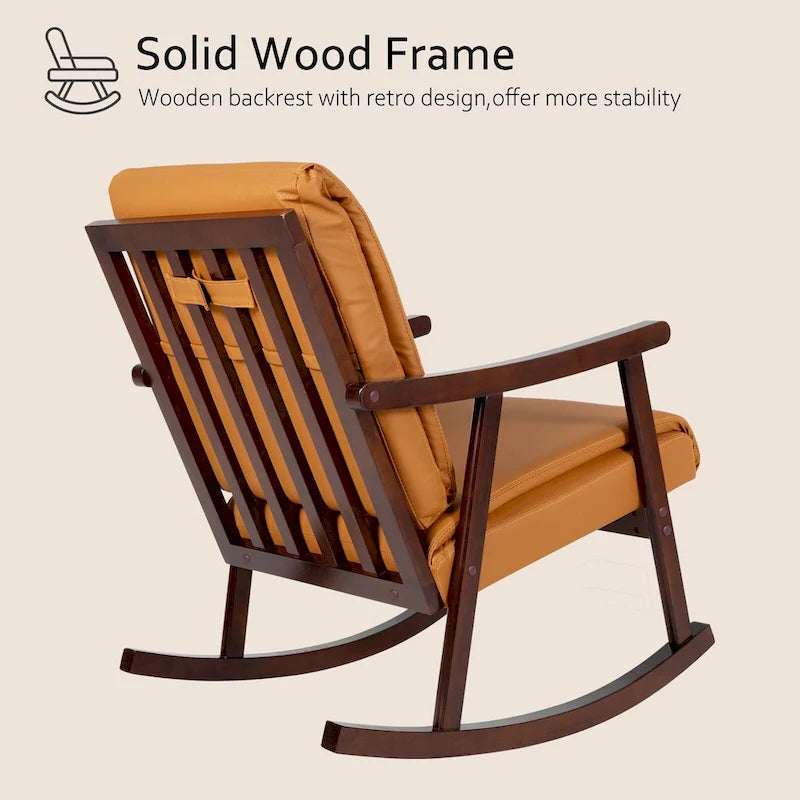 Fauteuil à bascule Mid-Century avec coussin rembourré en tissu orange et cadre en bois