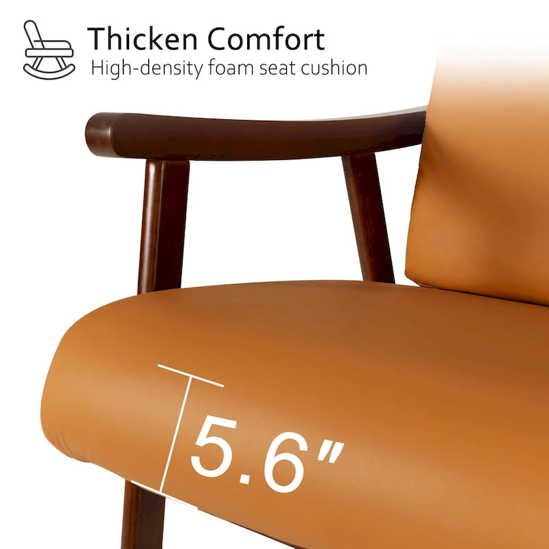 Fauteuil à bascule Mid-Century avec coussin rembourré en tissu orange et cadre en bois
