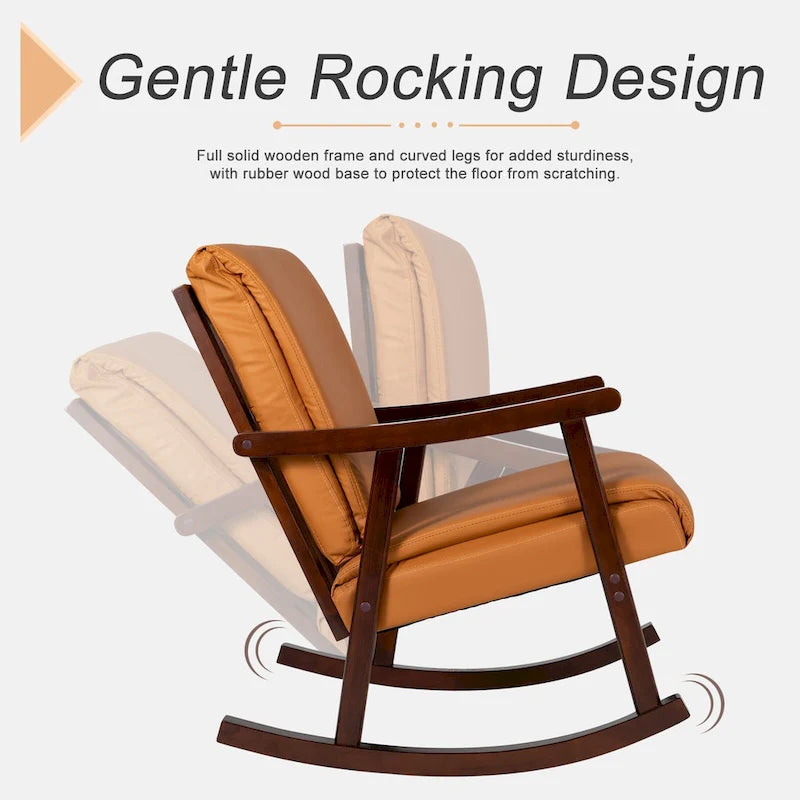 Fauteuil à bascule Mid-Century avec coussin rembourré en tissu orange et cadre en bois