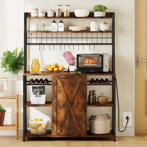 Étagère de cuisine à 5 niveaux brun rustique avec porte et étagères