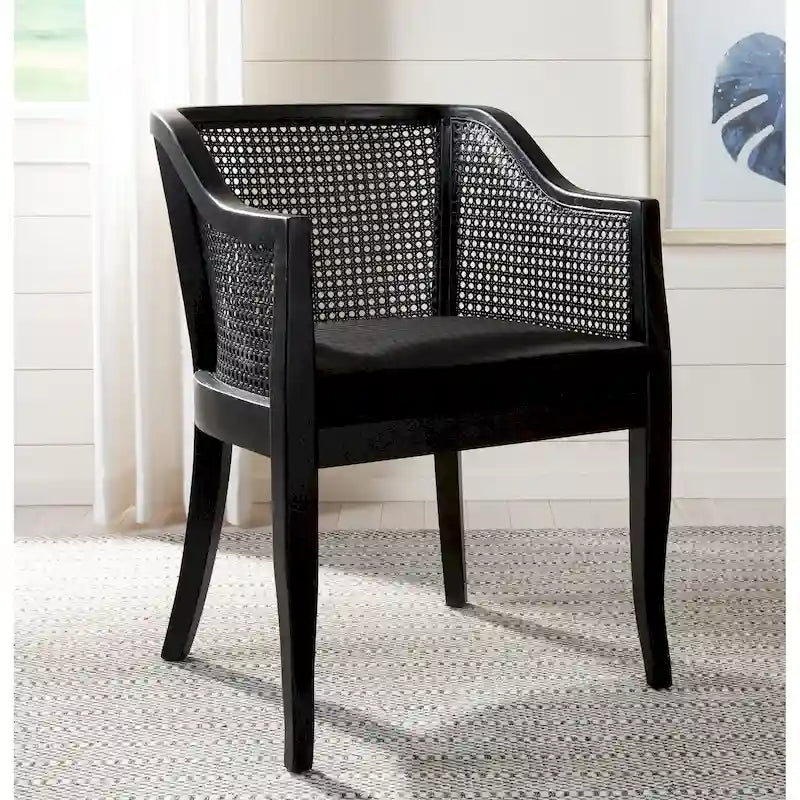 Chaise de salle à manger tressée en bois d'orme noir avec coussin d'assise rembourré