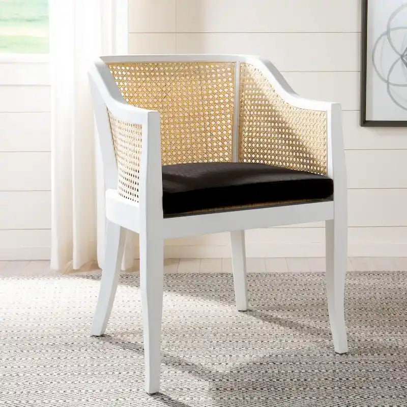 Chaise de salle à manger tressée en bois d'orme noir avec coussin d'assise rembourré