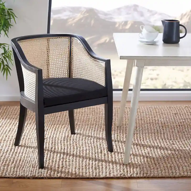 Chaise de salle à manger tressée en bois d'orme noir avec coussin d'assise rembourré