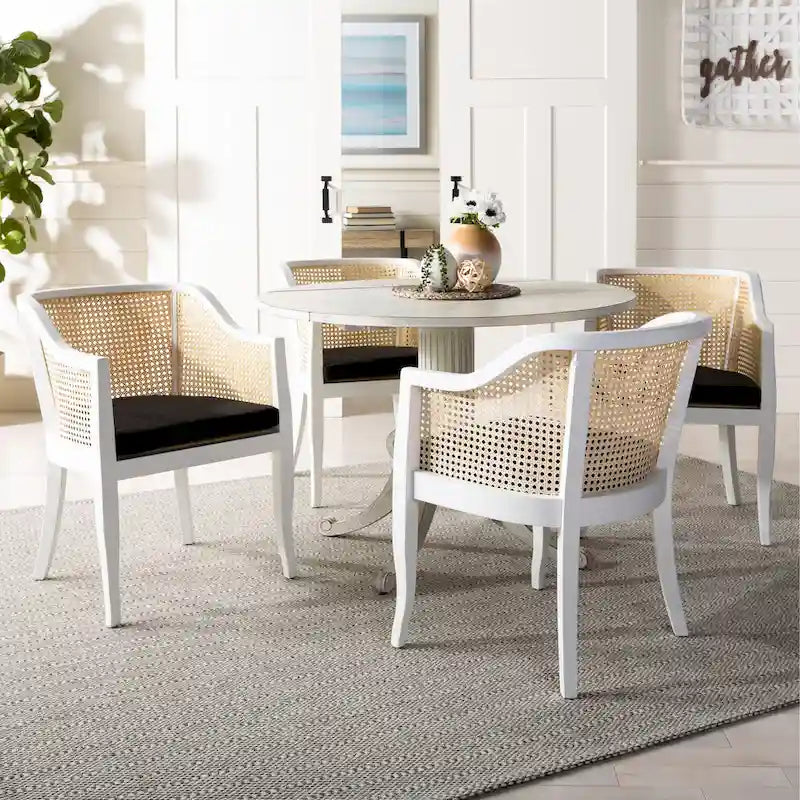 Chaise de salle à manger tressée en bois d'orme noir avec coussin d'assise rembourré