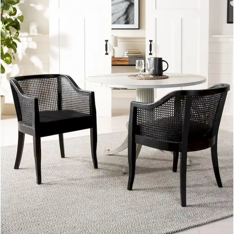 Chaise de salle à manger tressée en bois d'orme noir avec coussin d'assise rembourré