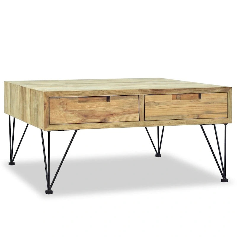 Table basse rustique en teck recyclé avec 2 tiroirs marron