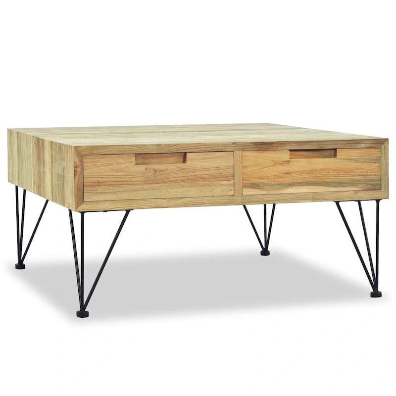 Table basse rustique en teck recyclé avec 2 tiroirs marron