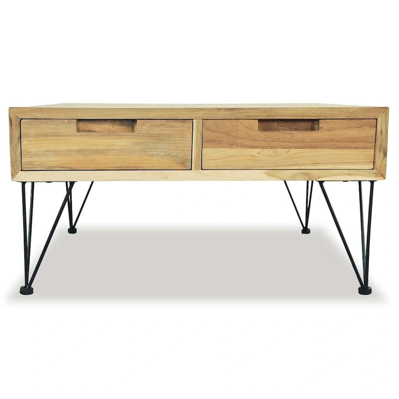 Table basse rustique en teck recyclé avec 2 tiroirs marron