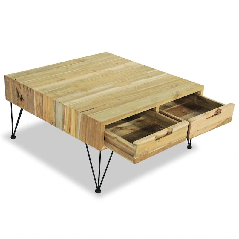 Table basse rustique en teck recyclé avec 2 tiroirs marron