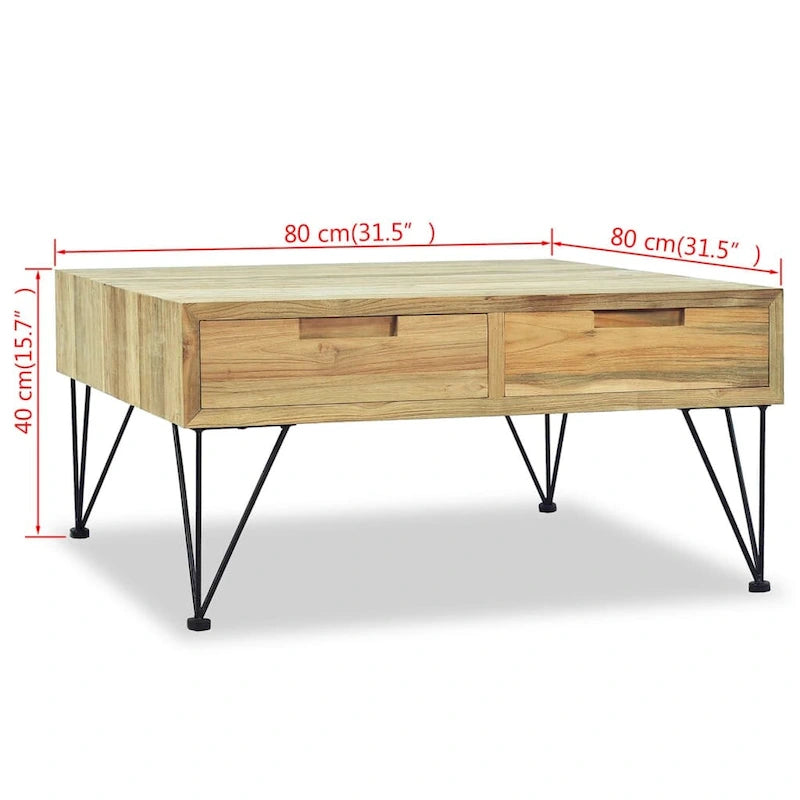 Table basse rustique en teck recyclé avec 2 tiroirs marron