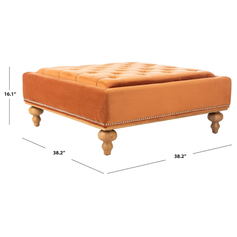Bout de canapé capitonné en velours avec pieds en bois sculpté et clous décoratifs