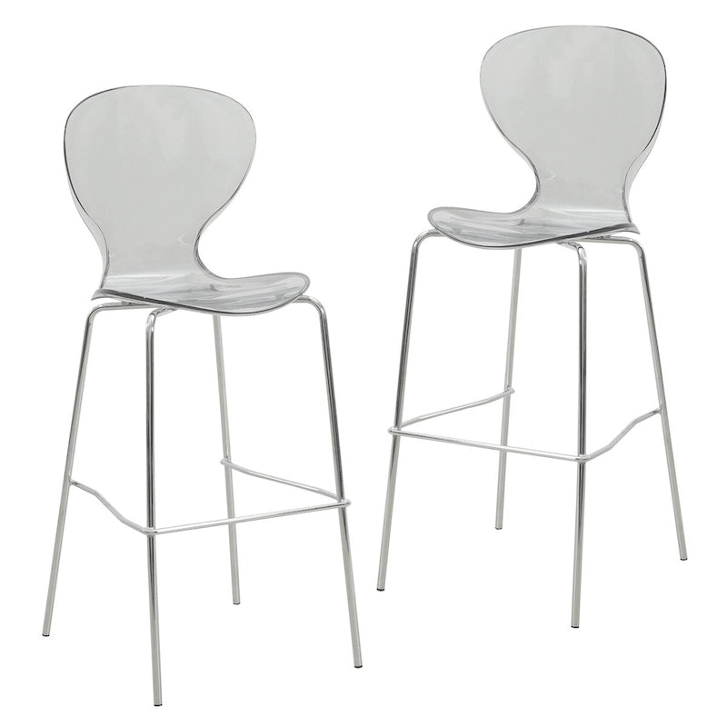 Tabouret de bar en acrylique transparent avec cadre en acier chromé et dossier ergonomique incurvé