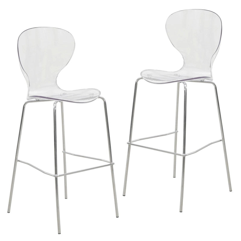 Tabouret de bar en acrylique transparent avec cadre en acier chromé et dossier ergonomique incurvé