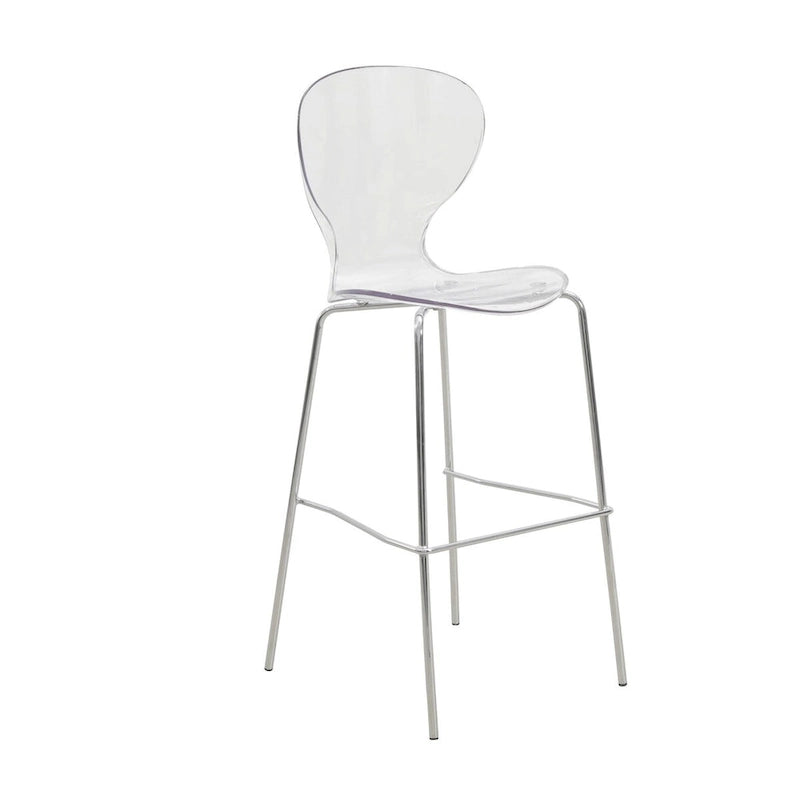Tabouret de bar en acrylique transparent avec cadre en acier chromé et dossier ergonomique incurvé