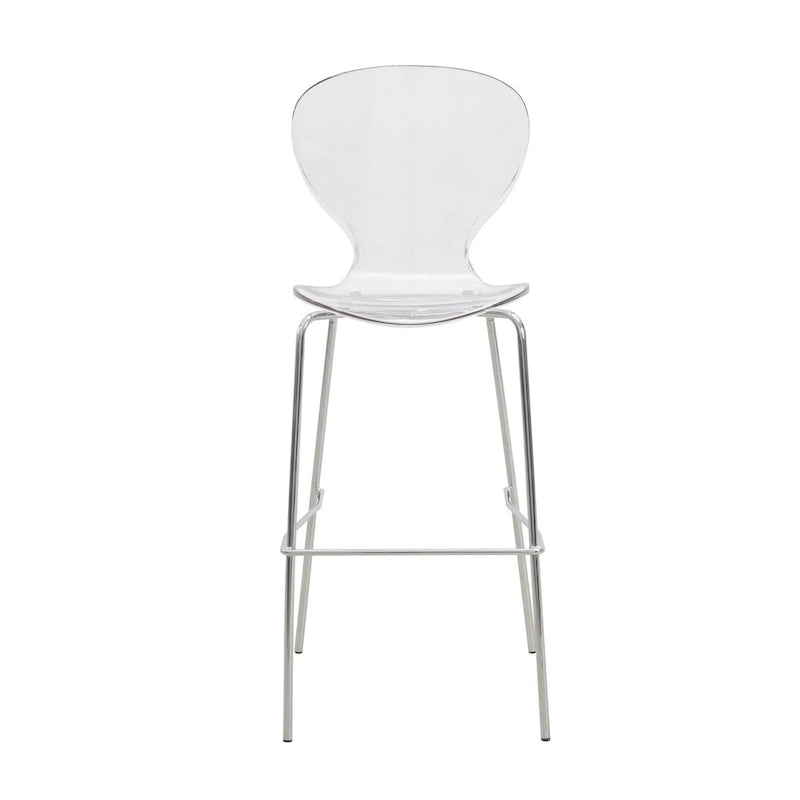 Tabouret de bar en acrylique transparent avec cadre en acier chromé et dossier ergonomique incurvé