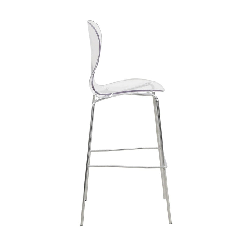 Tabouret de bar en acrylique transparent avec cadre en acier chromé et dossier ergonomique incurvé