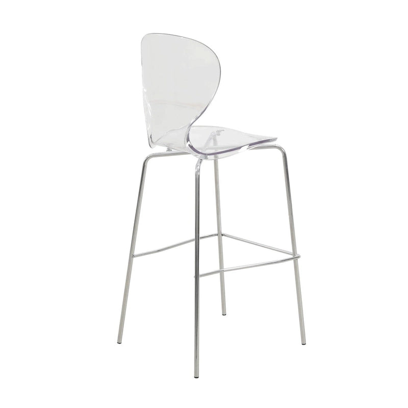 Tabouret de bar en acrylique transparent avec cadre en acier chromé et dossier ergonomique incurvé