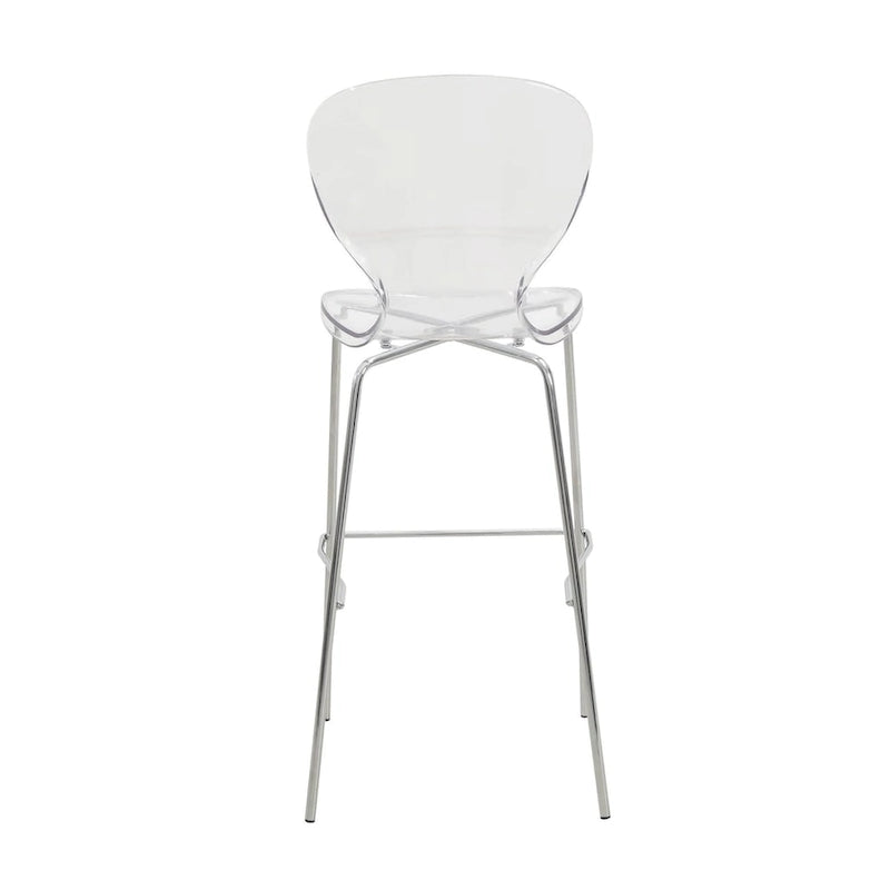 Tabouret de bar en acrylique transparent avec cadre en acier chromé et dossier ergonomique incurvé