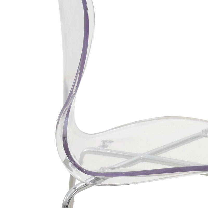 Tabouret de bar en acrylique transparent avec cadre en acier chromé et dossier ergonomique incurvé