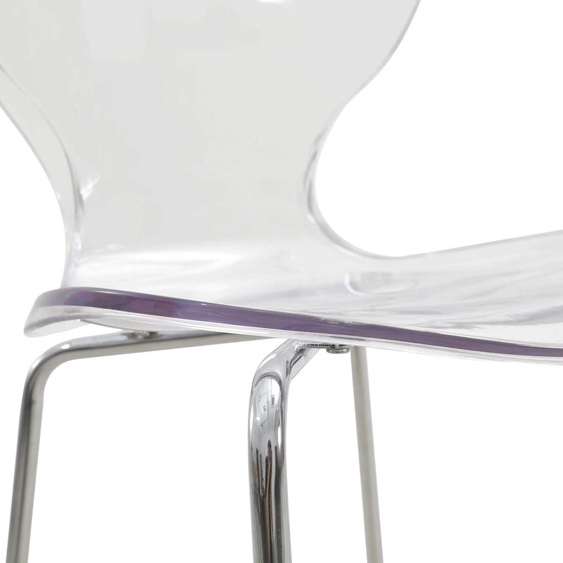 Tabouret de bar en acrylique transparent avec cadre en acier chromé et dossier ergonomique incurvé