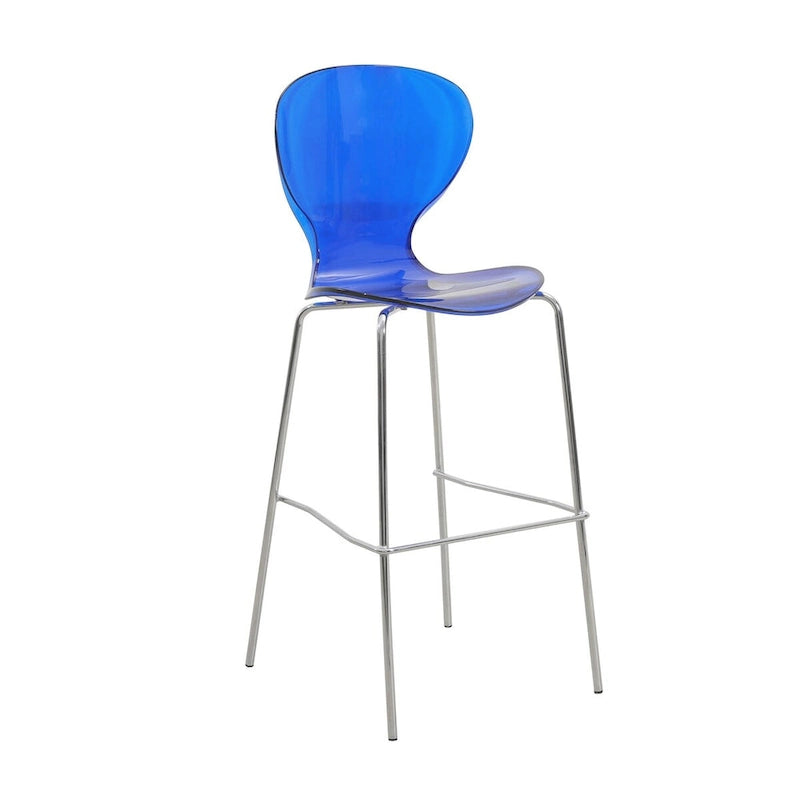 Tabouret de bar en acrylique transparent avec cadre en acier chromé et dossier ergonomique incurvé