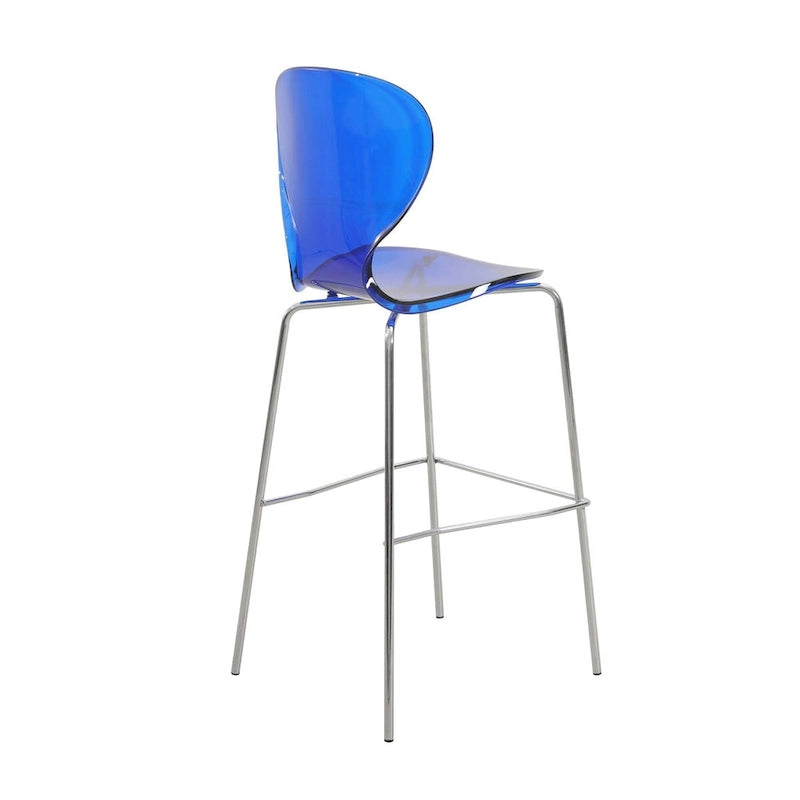 Tabouret de bar en acrylique transparent avec cadre en acier chromé et dossier ergonomique incurvé