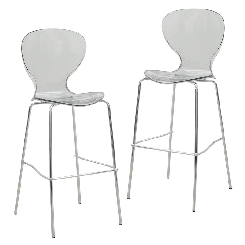 Tabouret de bar en acrylique transparent avec cadre en acier chromé et dossier ergonomique incurvé