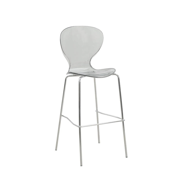 Tabouret de bar en acrylique transparent avec cadre en acier chromé et dossier ergonomique incurvé