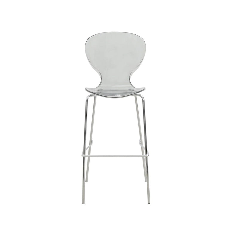 Tabouret de bar en acrylique transparent avec cadre en acier chromé et dossier ergonomique incurvé