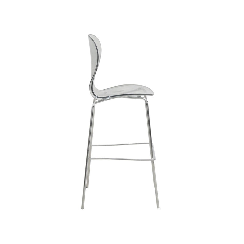Tabouret de bar en acrylique transparent avec cadre en acier chromé et dossier ergonomique incurvé