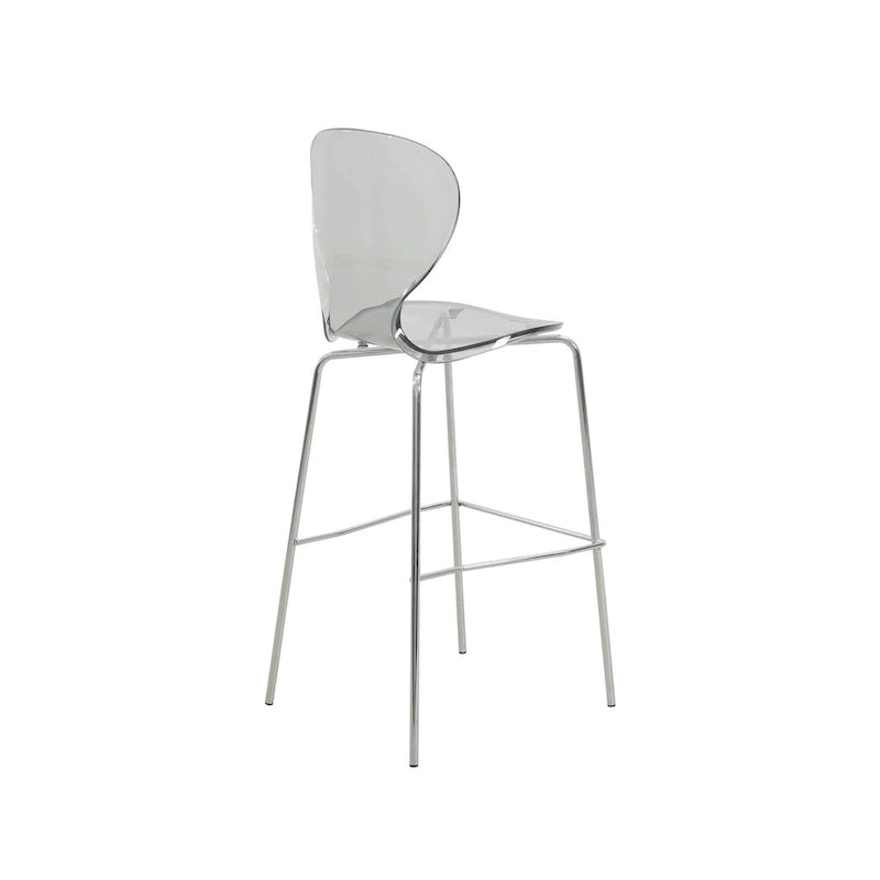 Tabouret de bar en acrylique transparent avec cadre en acier chromé et dossier ergonomique incurvé