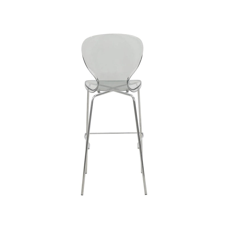 Tabouret de bar en acrylique transparent avec cadre en acier chromé et dossier ergonomique incurvé