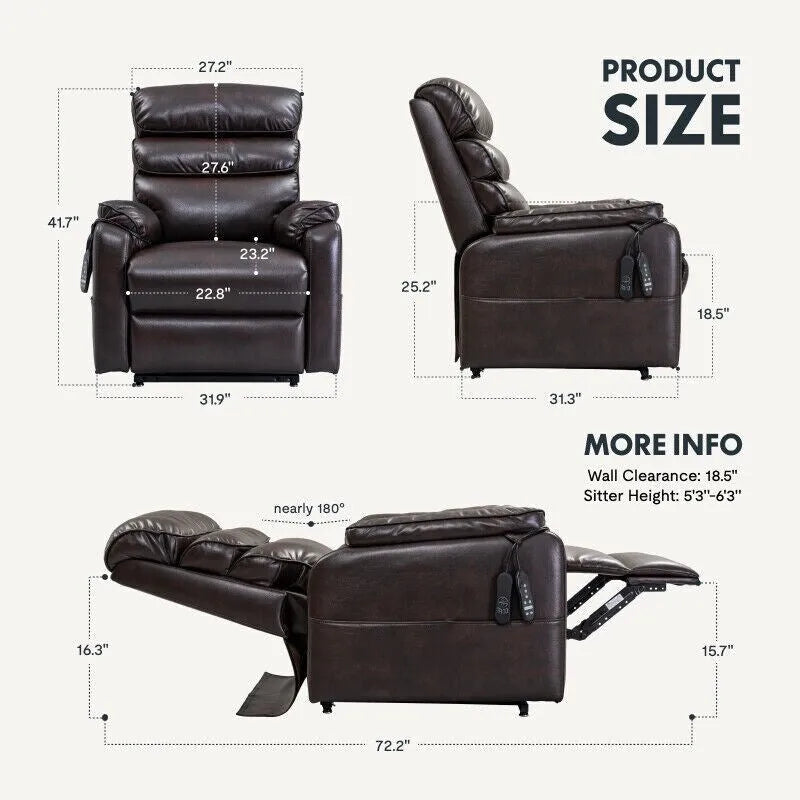 Fauteuil inclinable électrique releveur avec massage, chaleur, appui-tête réglable et revêtement en cuir PU