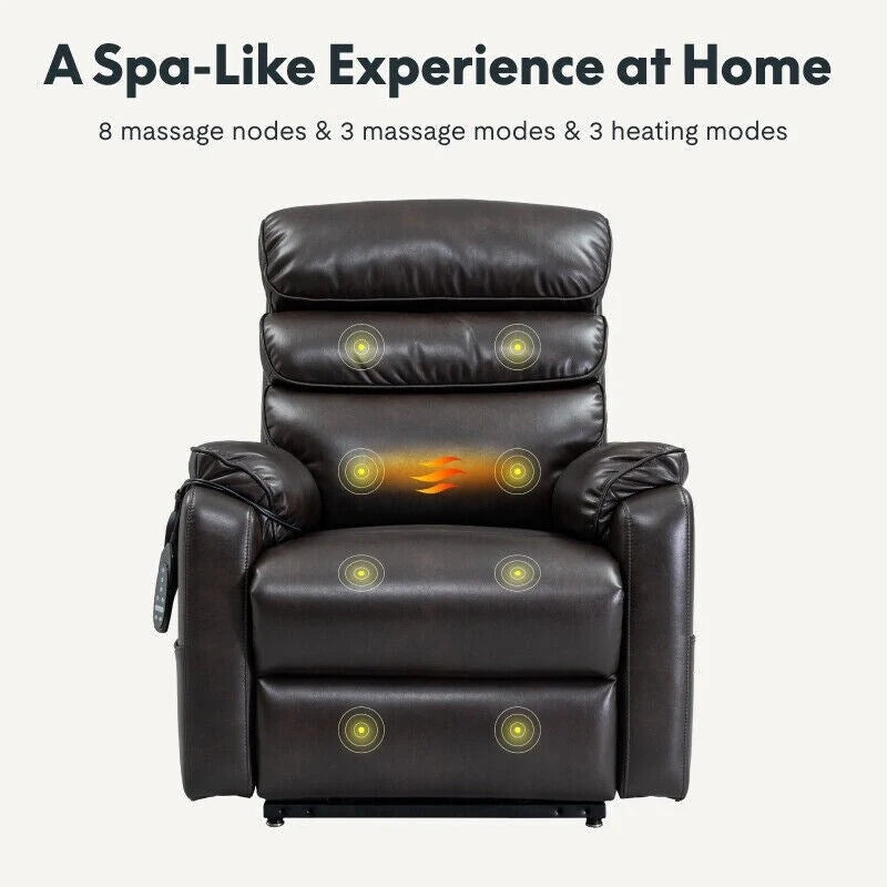 Fauteuil inclinable électrique releveur avec massage, chaleur, appui-tête réglable et revêtement en cuir PU