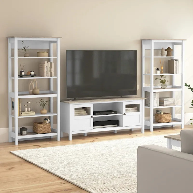 Meuble TV de ferme 60 W avec portes vitrées, style shiplap gris et blanc