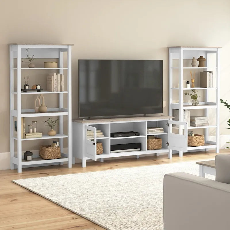 Meuble TV de ferme 60 W avec portes vitrées, style shiplap gris et blanc