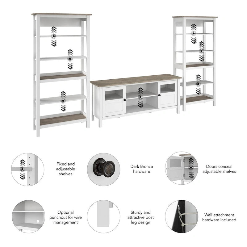Meuble TV de ferme 60 W avec portes vitrées, style shiplap gris et blanc